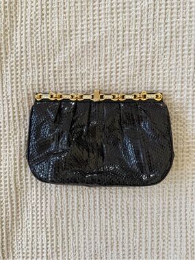 Utopia italy Black Snake-Embossed Evening Clutch with Gold Chain Accent